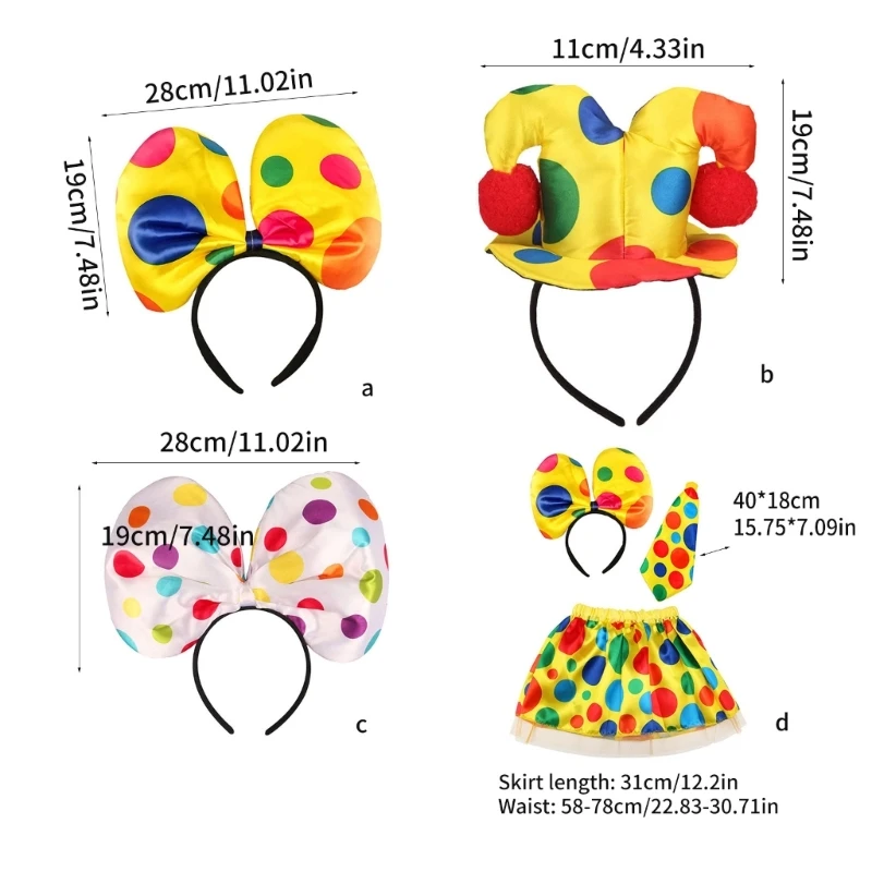 Y1UB 1/3Pcs Clown Kostüm Set Zirkus Clown Stirnband Bowtie Mini Rock Halloween Cosplay Zubehör für Kinder mädchen Geschenke