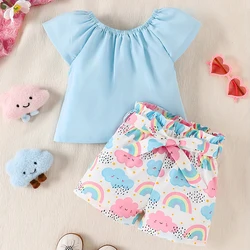 Summer Cute Girls Short-sleeved Top + Rainbow Printed Shorts + Belt 3-piece Spring/summer Cool Suit