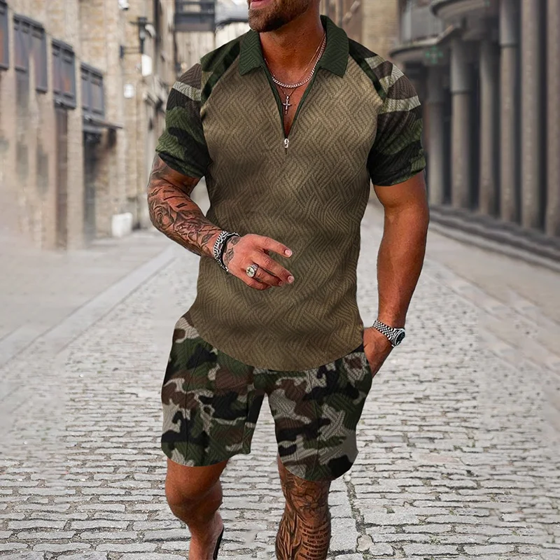 

Zipper Polo Shirt Suit Shorts 2 Pcs Set Holiday Summer New Men 3D Printed Beach Style Streetwear Casual Clothing Oversize