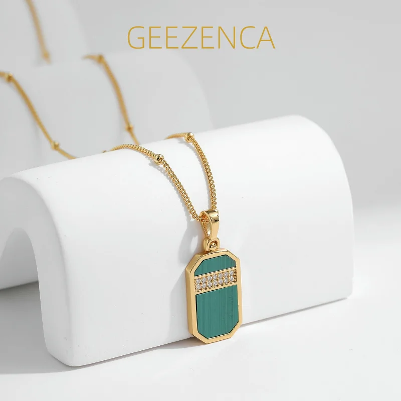 

GEEZENCA Natural Malachite S925 Silver Pendant Necklace For Women Zircon 18K Gold Geometirc Chic Chokers Necklaces 2024 New Gift