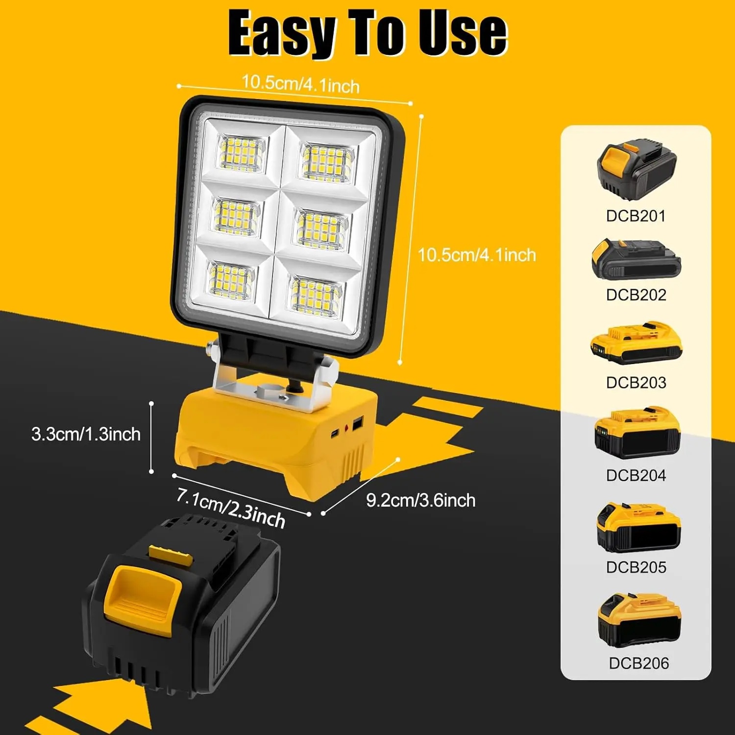 48W/60W/100W Portable LED Work Light Rechargeable LED Flood Light for Dewalt 18V-20V Li-ion Battery Cordless Work Light 6000k