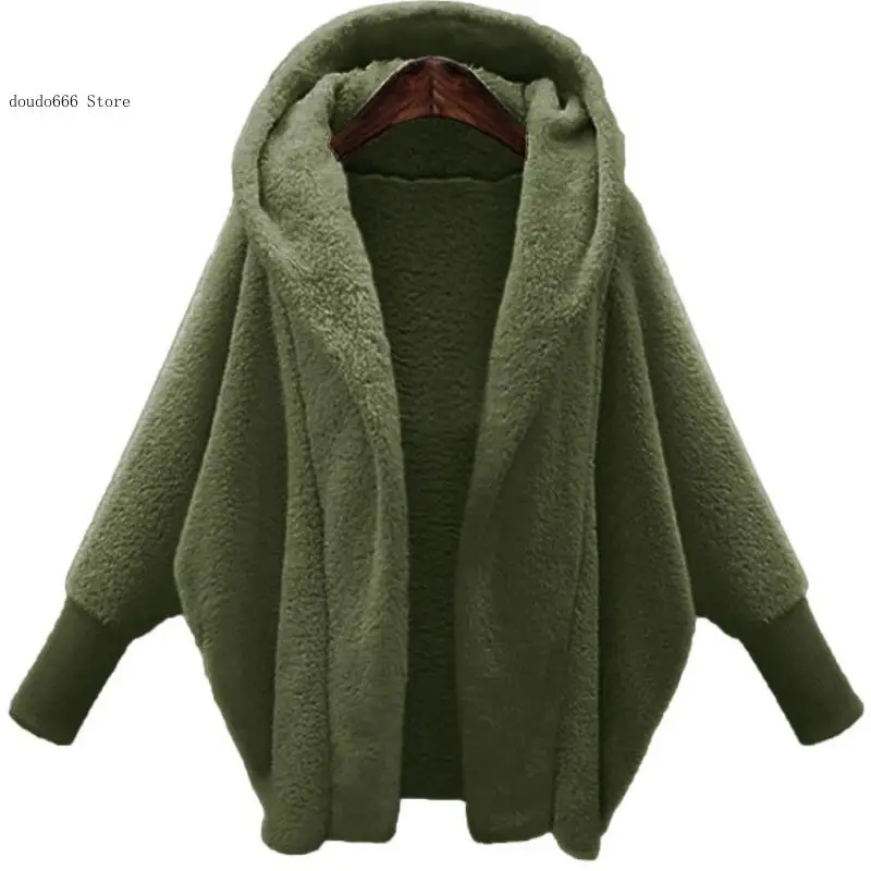 Winter Long-Sleeved Jacket Hooded Loose Plush Jacket Big Cardigan Women\'s Bat-Sleeved Clothing