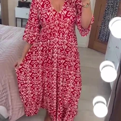 Bohemian Sundress Women's Summer Dress Casual V-Neck Floral Elegant Beach Holiday Elegant Loose Beach Long Dresses For Girls