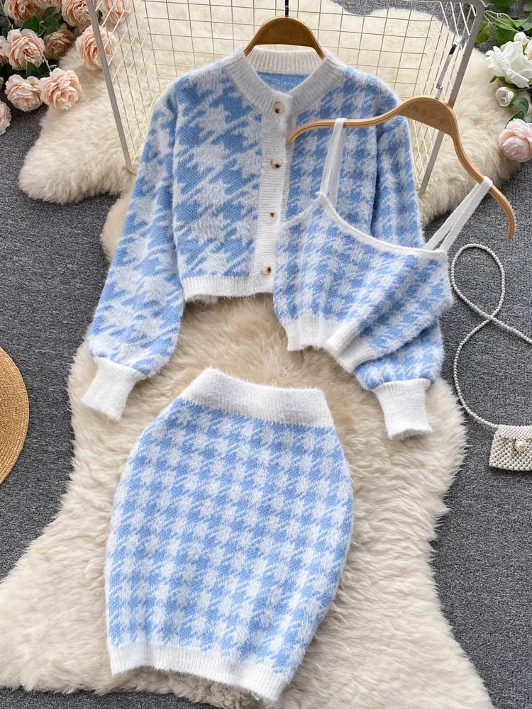 Nowa jesienna dzianina Plaid Cardigans + Camisole + spódnice 3 sztuk zestawy koreańska krótka sweter płaszcz + kamizelka + Mini spódnica garnitury