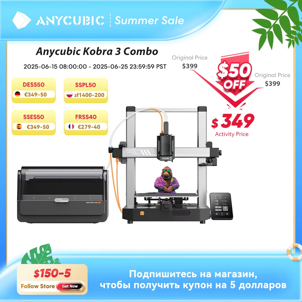 

ANYCUBIC Kobra 3 Combo FDM Multi-Color 3D Printer Print in 4 to 8 Color With Max 600mm/s Printing Speed Build Size 250x250x260mm