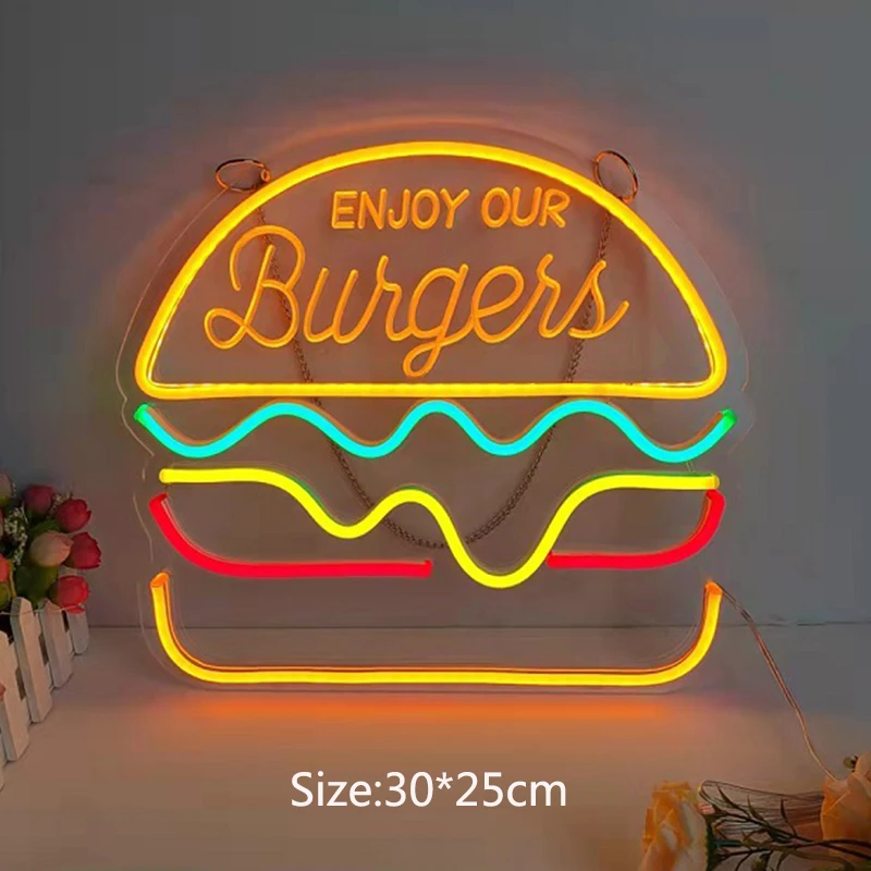 Enseigne au néon Hot Dog Pizza NrelugHamburger Design, lampe murale LED, interrupteur USB, fête, restaurant, boutique, décor de chambre