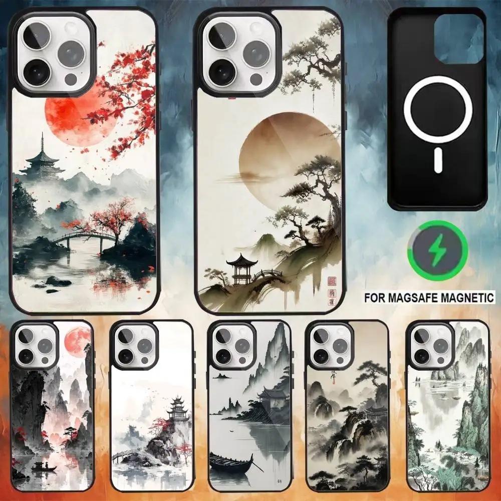

Chinese Landscape Painting Phone Case For iPhone 17 16 15 14 13 12 Pro Max Plus for Magsafe Mirror Wireless Magnetic Cover