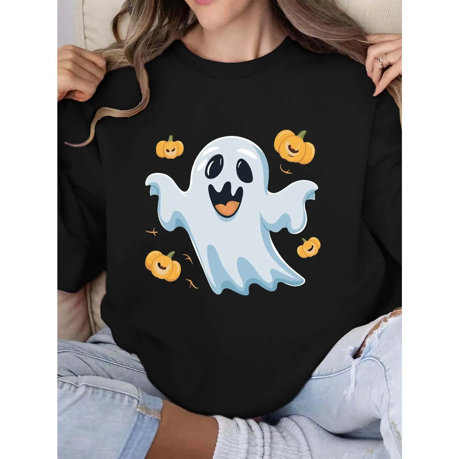 

Cute Cartoon Ghost Graphic Sweatshirt for Women, Oversized Halloween Crewneck Jumper, Spooky Pumpkin Pullover, Funny Party Gift