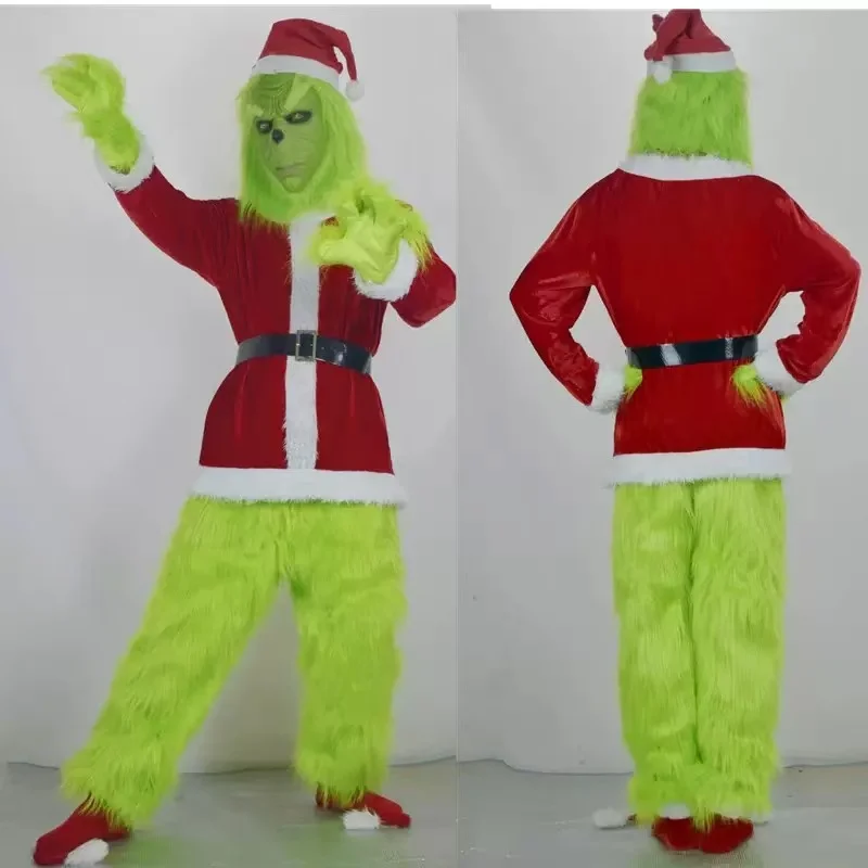Merry Christmas Grinch Cosplay Costumes Green Thief Plush Mask Pants Gloves Red Santa Claus Hat Tops Socks Holiday Set Xmas Gift