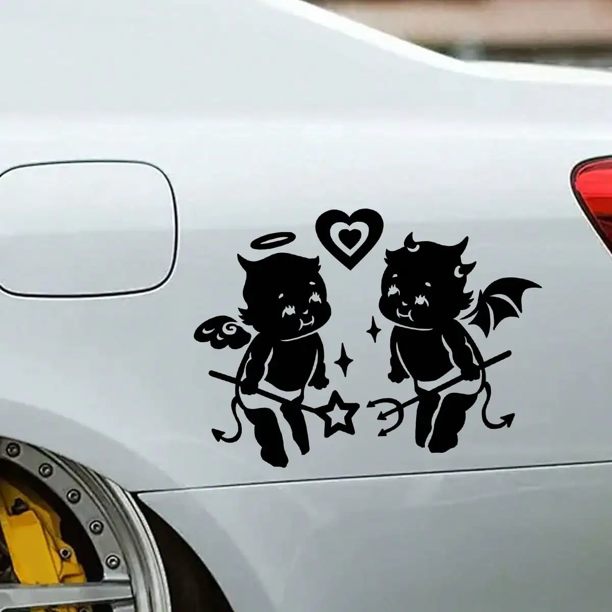 Cartoon Angel Devil Baby Couple Vinyl Car Sticker Waterproof Heart Pattern Decal Car Window Body Decor Car Accessories