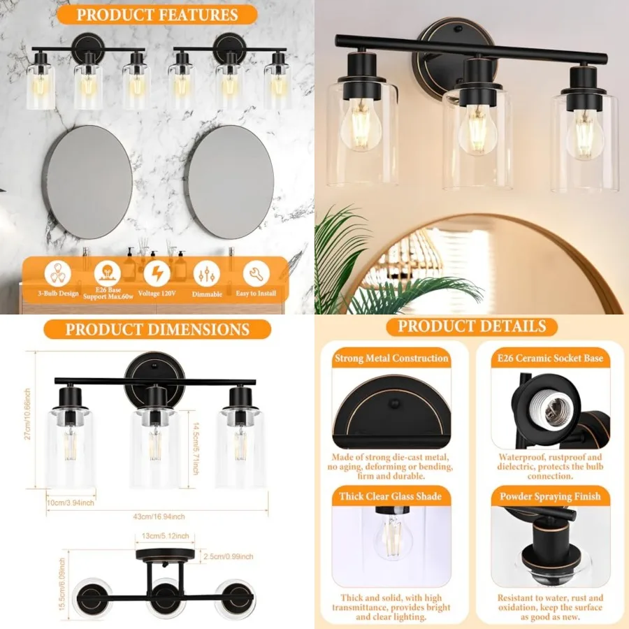 Oil Rubbed Bronze Bathroom Vanity Light Fixture Over Mirror, Oil Rubbed Bronze Vanity Lights for Bathroom Three Bulb Wall Sconc