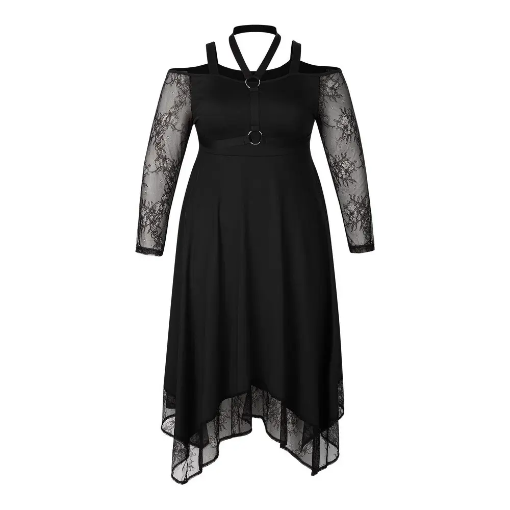 Plus Size Damska sukienka gotycka Jesienna elegancka koronkowa sukienka z długim rękawem w kształcie litery A z szarfami Oversized Halloween Party