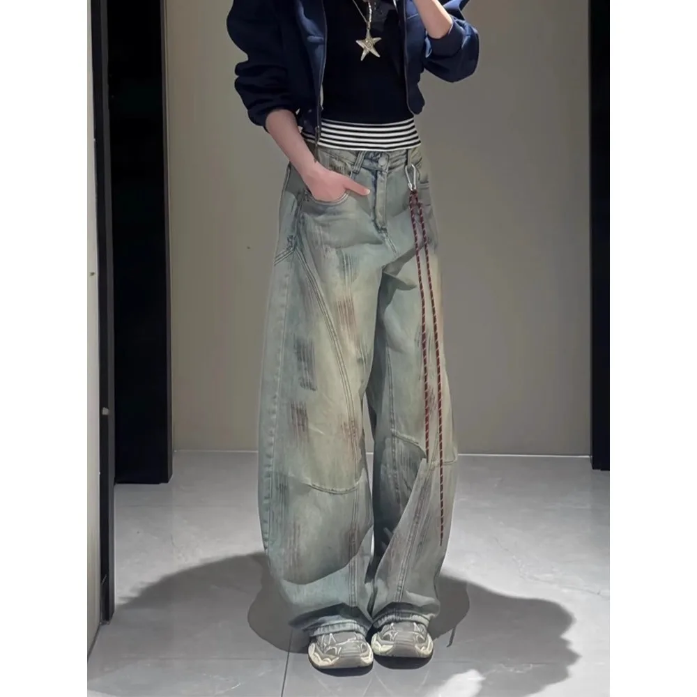 

Американские джинсы с завязками и эффектом тай-дай для мужчин и женщин, большие размеры, осенне-зимние, широкие брюки, с эффектом похудения, повседневная одежда