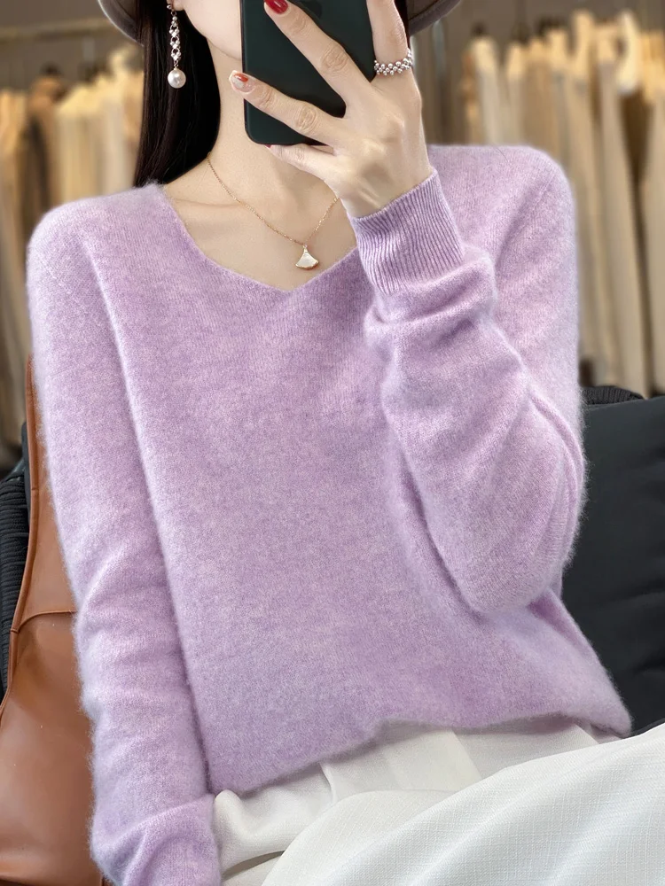 Women 100% Merino Wool Pullove Spring Autumn Cashmere Sweater Women\'s V-neck Clothing Fashion Versatile Solid Color Long Sleeve