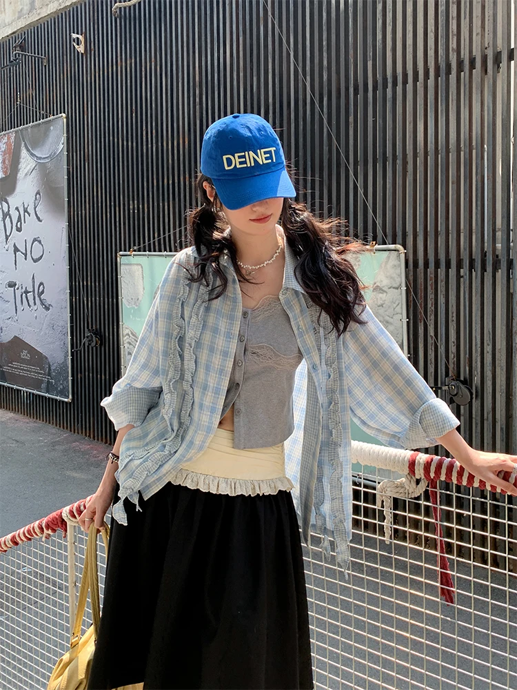 

MOWENTI сине-белый клетчатый повседневный длинный све женский irt весна 202, универсальный свободный крой на пуговицах Ne irt