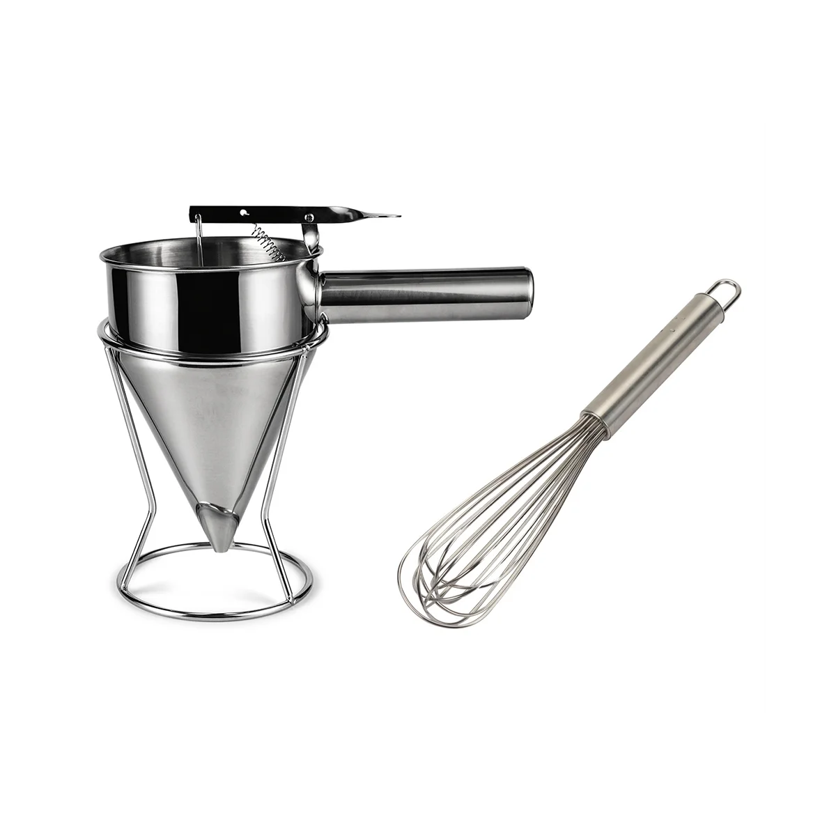 

1 Stainless Steel Baking Funnel Pancake Dough Dispenser + Fixed Stand with Dough Collector