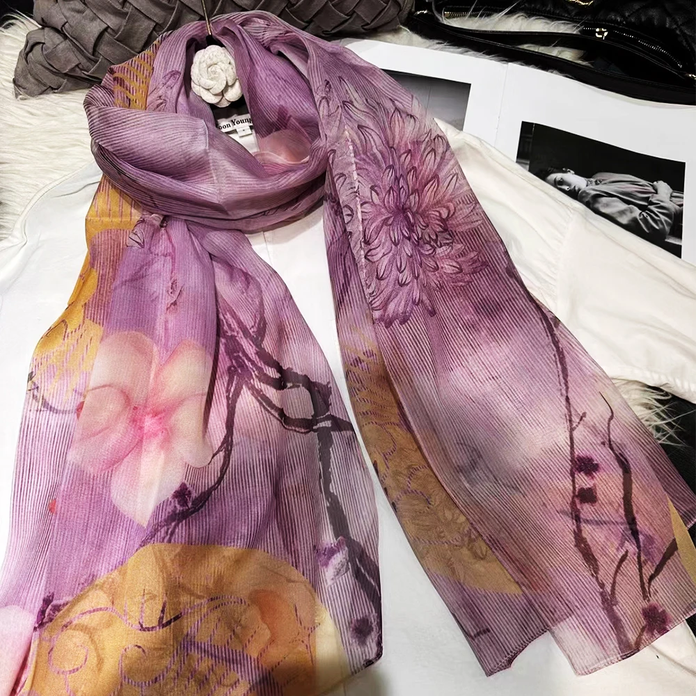 

[BYSIFA] Ladies Purple Pink Silk Scarf Cape Fashion 100% Silk Long Scarves Foulard Women Floral Design Chiffon Scarves Bufandas