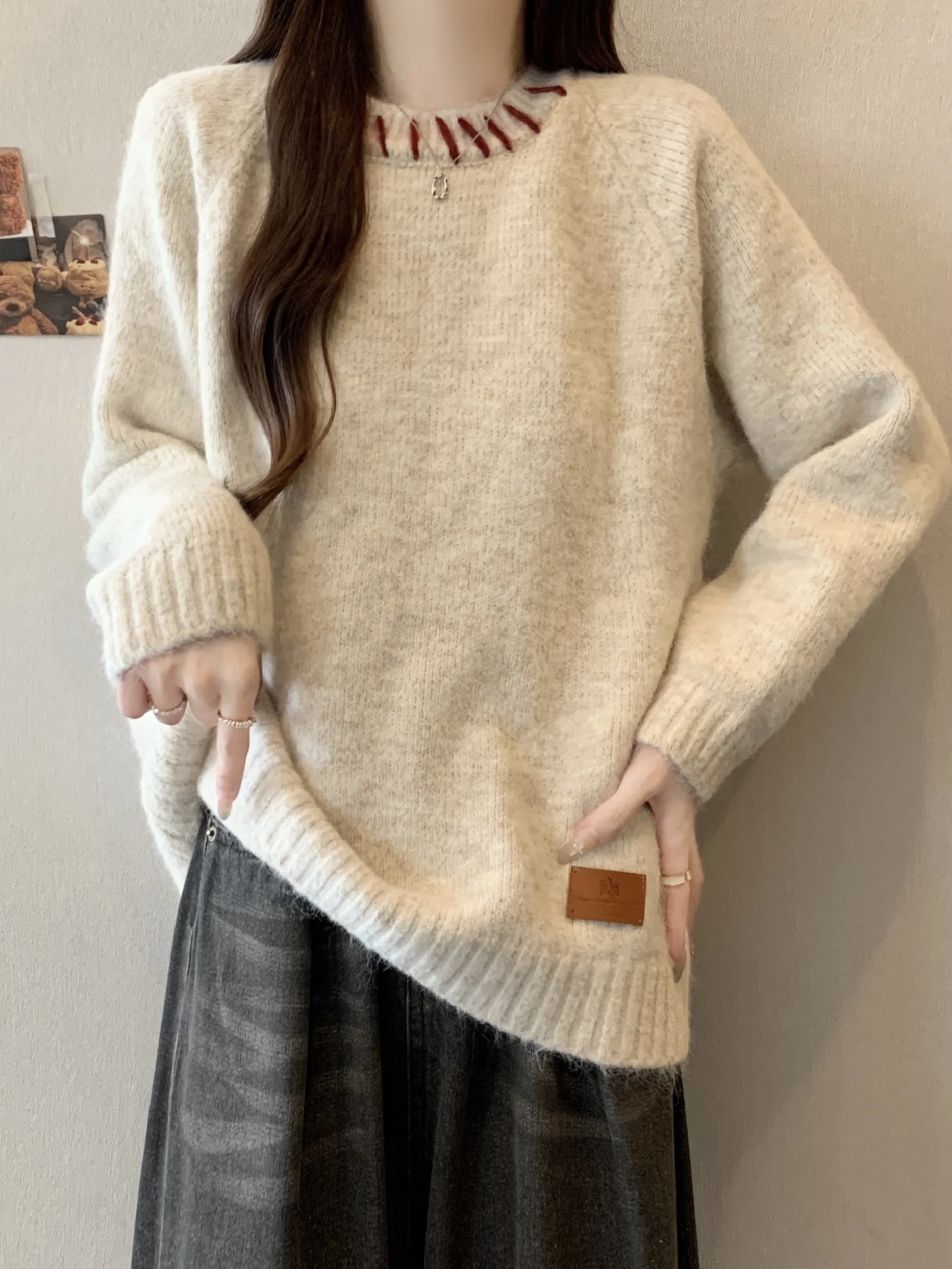 

plus Size Women's Soft Cozy round Ne Long Sve Knitted Sweater Loose Lazy Sle Inner Wear Autumn Winter Faion Korean S...