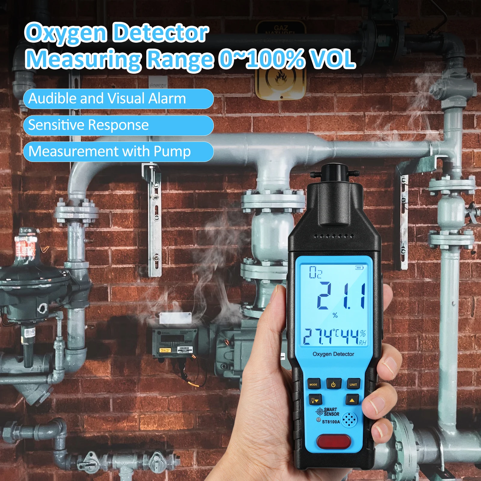 Oxygen Gas Detector Digital O₂ Gas Tester Rechargeable Precision Measurement Tester Device for Climbing Tunnel 0~100% VOL