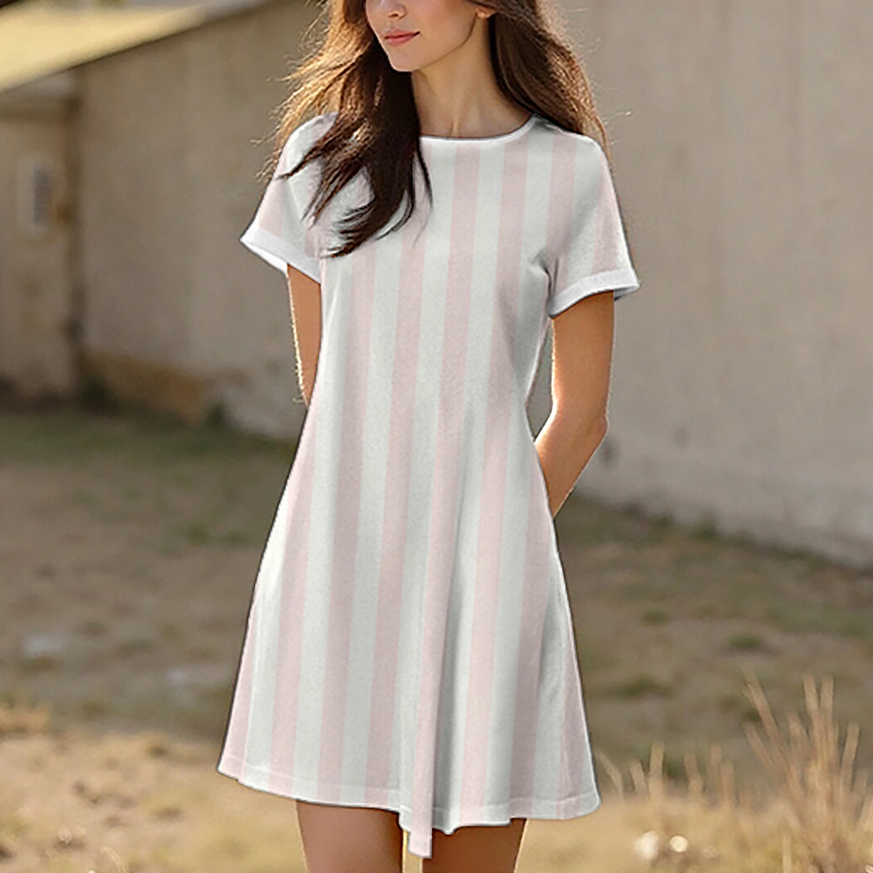 Vestido feminino de verão com gola redonda e padrão listrado de bolinhas, casual, confortável, elegante e respirável