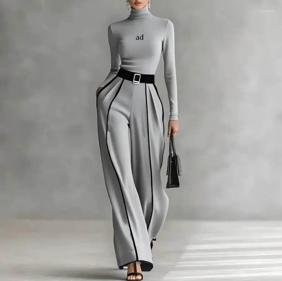 2026 autumn/winter new 2-piece elegant stand up collar contrasting color edging, cinched waist knitted long sleeved wide leg pan