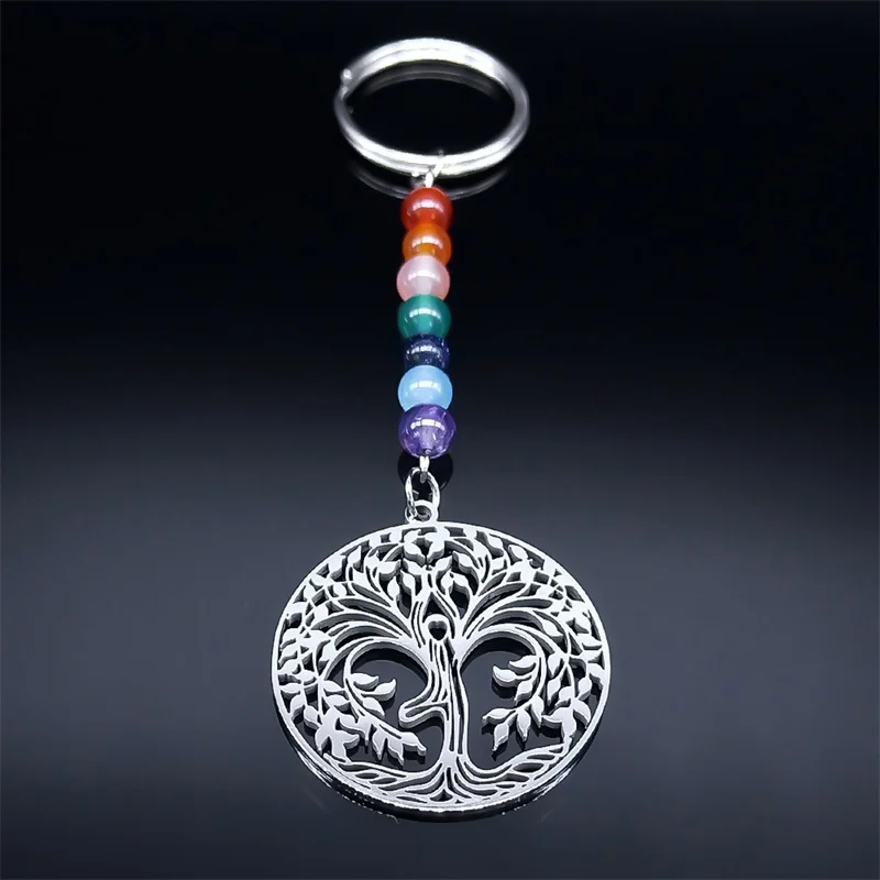 7 Chakra Healing Stone Keyrings for Women Men Stainless Steel Yoga Tree of Life Key Holder Handbag Accessories Jewelry Gifts