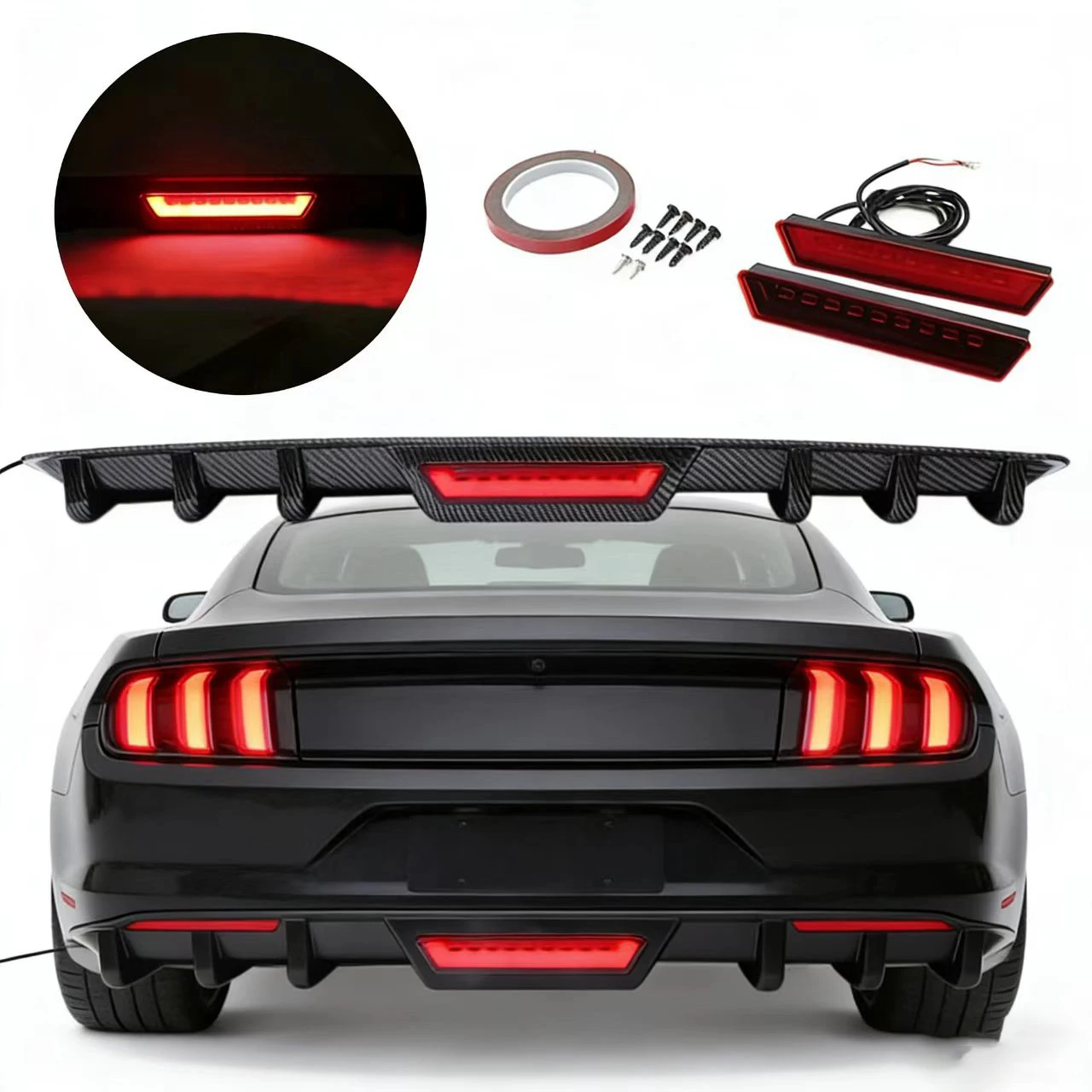 LAICY Difusor de Parachoques Trasero para Chrysler 300C SRT8 con Luz de Freno Trasera, Divisor, Alerón y Aleta de Tiburón, Kit Negro
