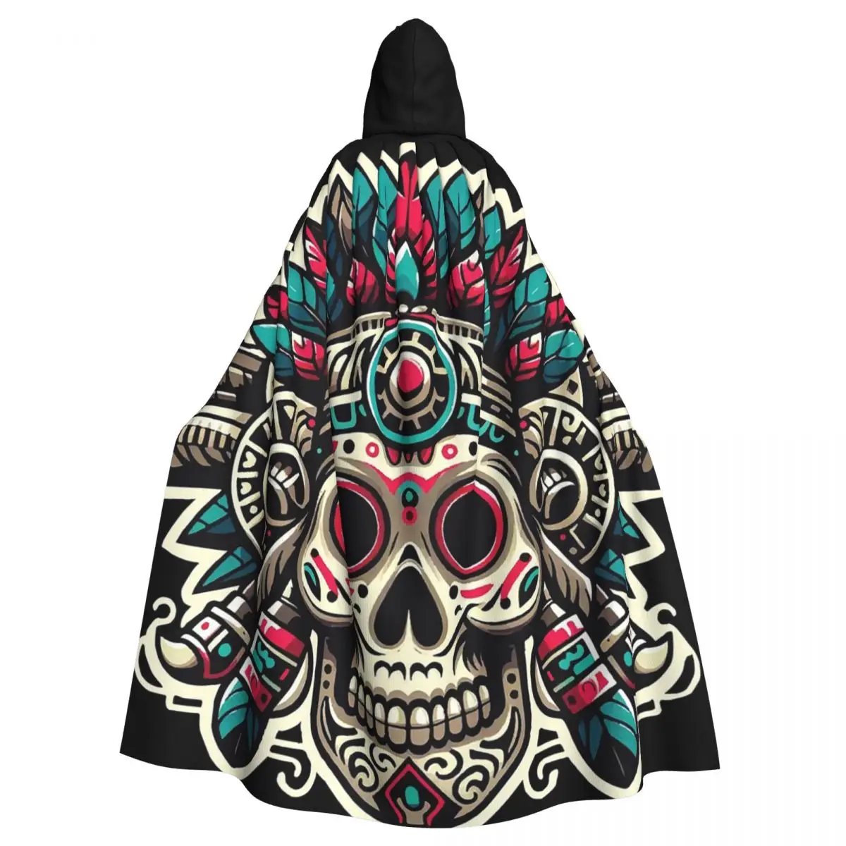 Aztec Skull With Plume Long Hooded Cloak Witch Medieval Costume Cosplay Cape HalloweenVampire Adult Unisex