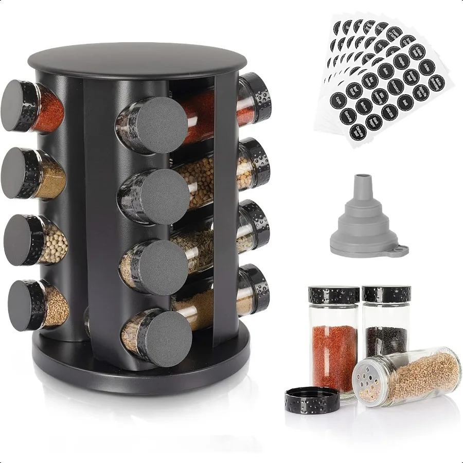 

Черная столешница, вращающаяся полка для специй, круглые пустые 16 баночек, органайзер для специй, 135 этикеток для специй с воронкой, полный набор f