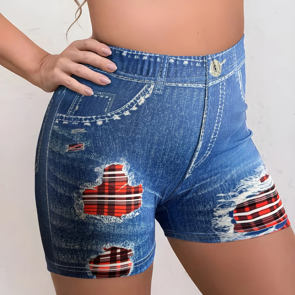 Szorty Damskie Szorty do Jogi Fitness Legginsy z Wysokim Stanem Sztuczny Denim Podarte Krata Trzypunktowe Spodenki Sportowe z Efektem Brzoskwiniowych Bioder