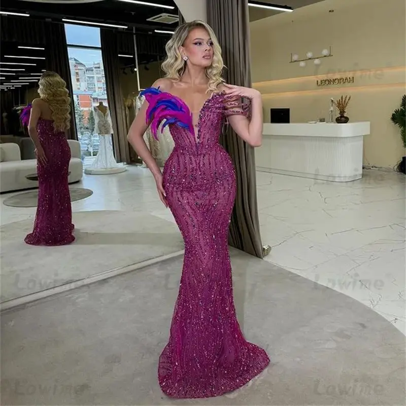 Feathers Purple Prom Dresses Customized Arabic Crystals Sequined Mermaid Evening Gowns 2025 Robe De Soiree Wedding Party Dresses