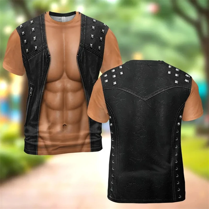 Optical Illusion Fake Muscle Body Print Men T-Shirt Summer Short Sleeve Tops Party Streetwear Short‑Sleeve Unisex Cosplay TShirt