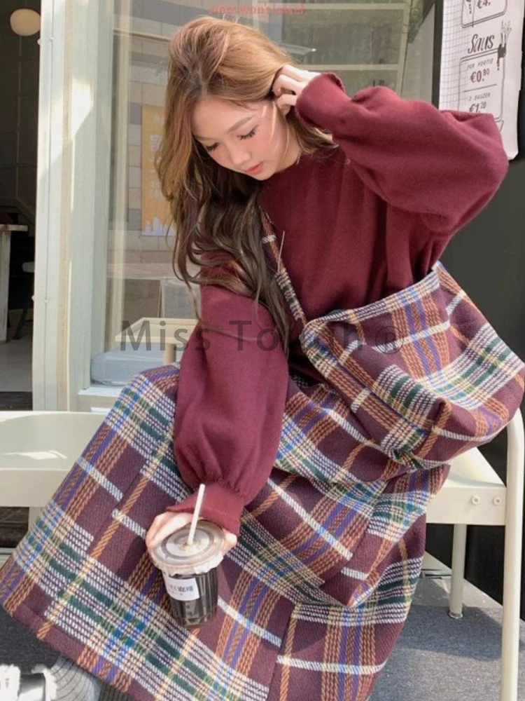 Harajuku Red Sweet Two Piece Set Women Preppy Style Elegant Plaid Midi Skirt Sets Female Korean Slim Casual Suit 2024 Winter New