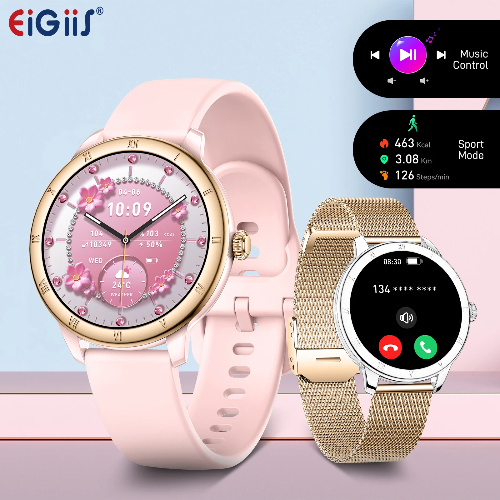 

EIGIIS 2025 женские умные часы 1,27-дюймовый HD-экран с женским здоровьем, обнаружение сердечного ритма, сна, IP68, водонепроницаемость для iOS Android