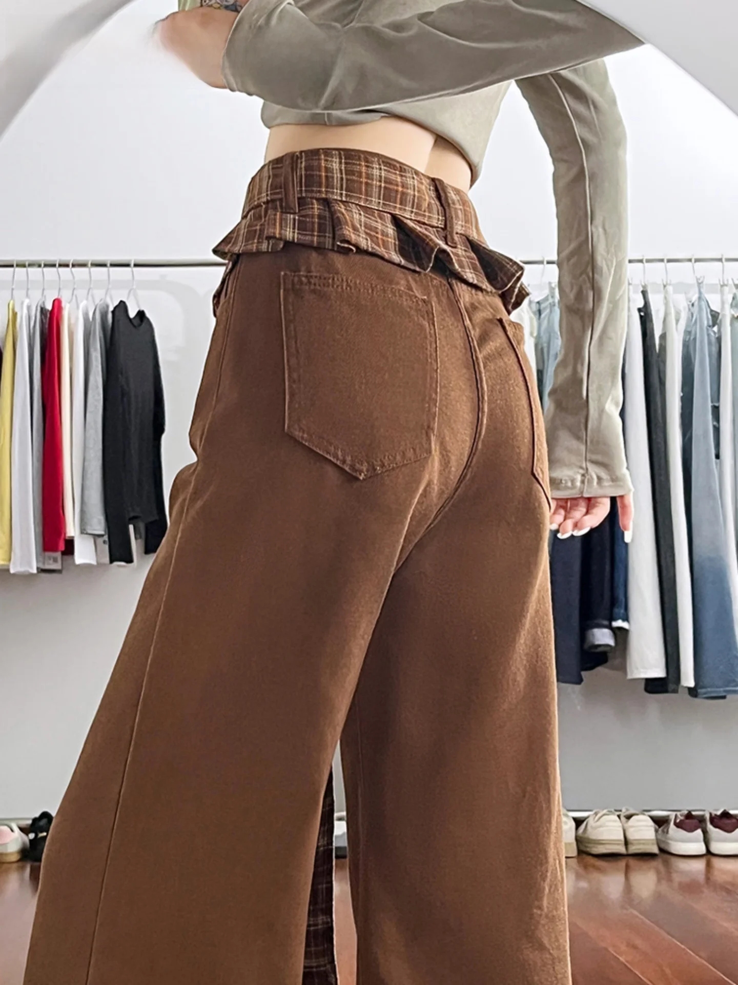 

American Style Plaid Lace Trim Denim Pants Women's Brown Wide Leg Pants High Waist Straight Loose Fit Casual High Quality Cotton