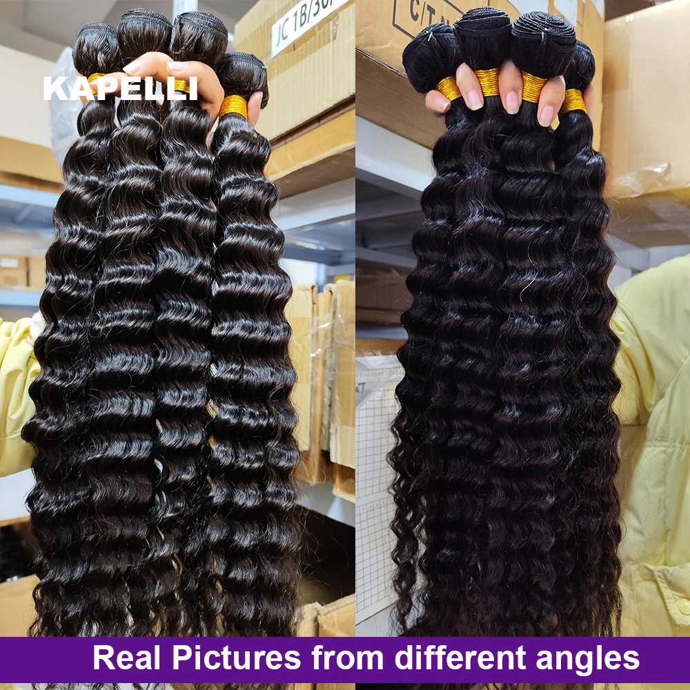 Mèches Deep Wave naturelles Remy, tissage de cheveux humains, avec closure transparente 4x4, 13 age, lots de 3/4