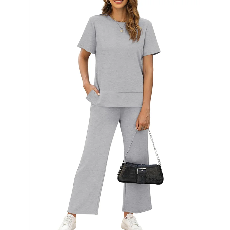 

ABHQ-Women's Two-Piece Home Wear Casual Short-Sleeved Sportswear Suit Sportswear Wide-Leg Pants Suit