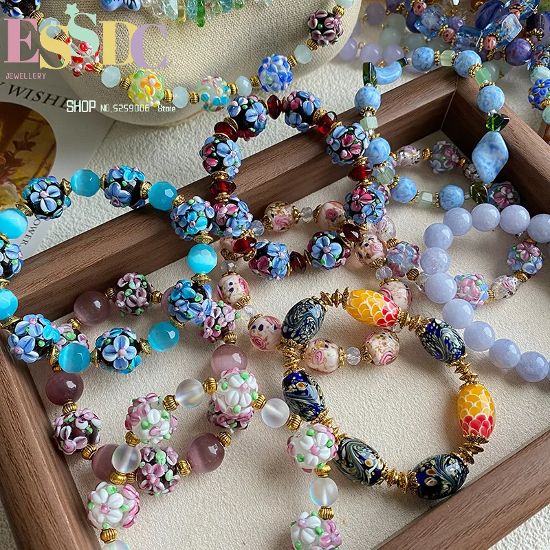 14mm stunning bracelets Murano flower glazed bracelets natural stone beads elastic rope summer high-end accessories