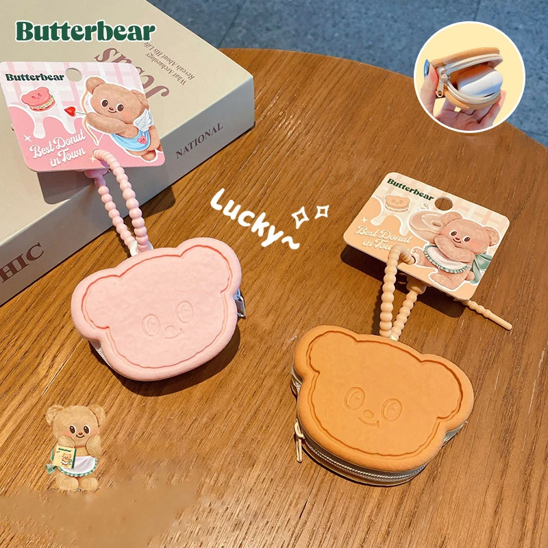 Cute Butter Bear Cookie Silicone Coin Purse Keychain Women\'s Gift Delicate Earphone Bag Storage Bag Pink Bear Animal Key Chain