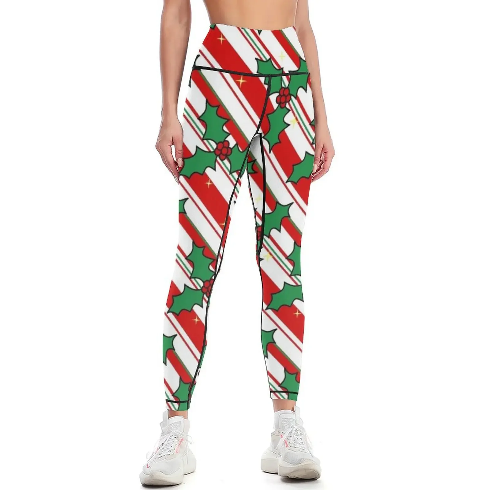 

Christmas Holly and Candy Cane Stripes Leggings Golf wear sportswear for gym sport pants workout shorts Womens Leggings
