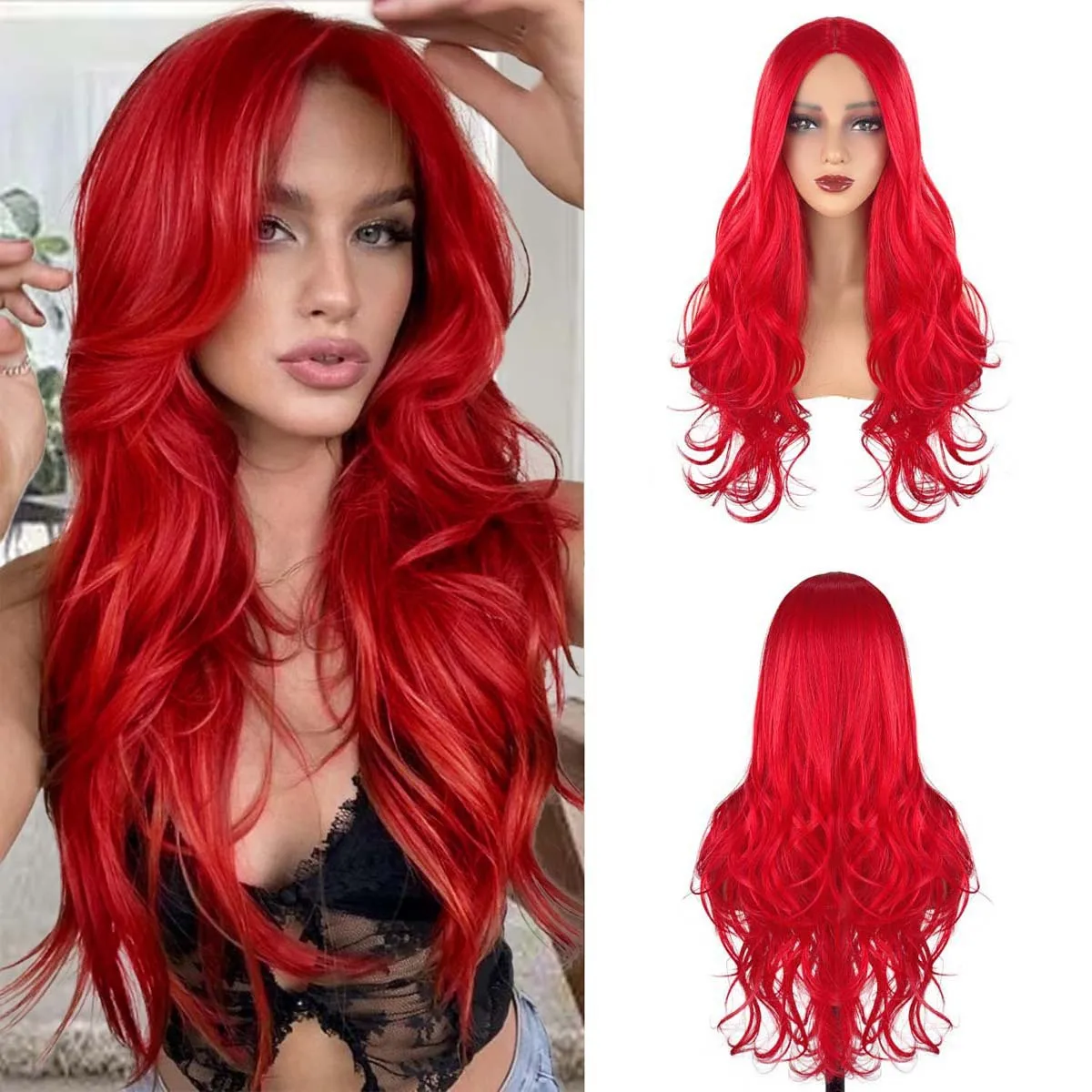 

Red Wig Curly Synthetic Wigs for Women No Bangs Elegant Style Party Daily Wear Cheap Wigs on Clearance Sale
