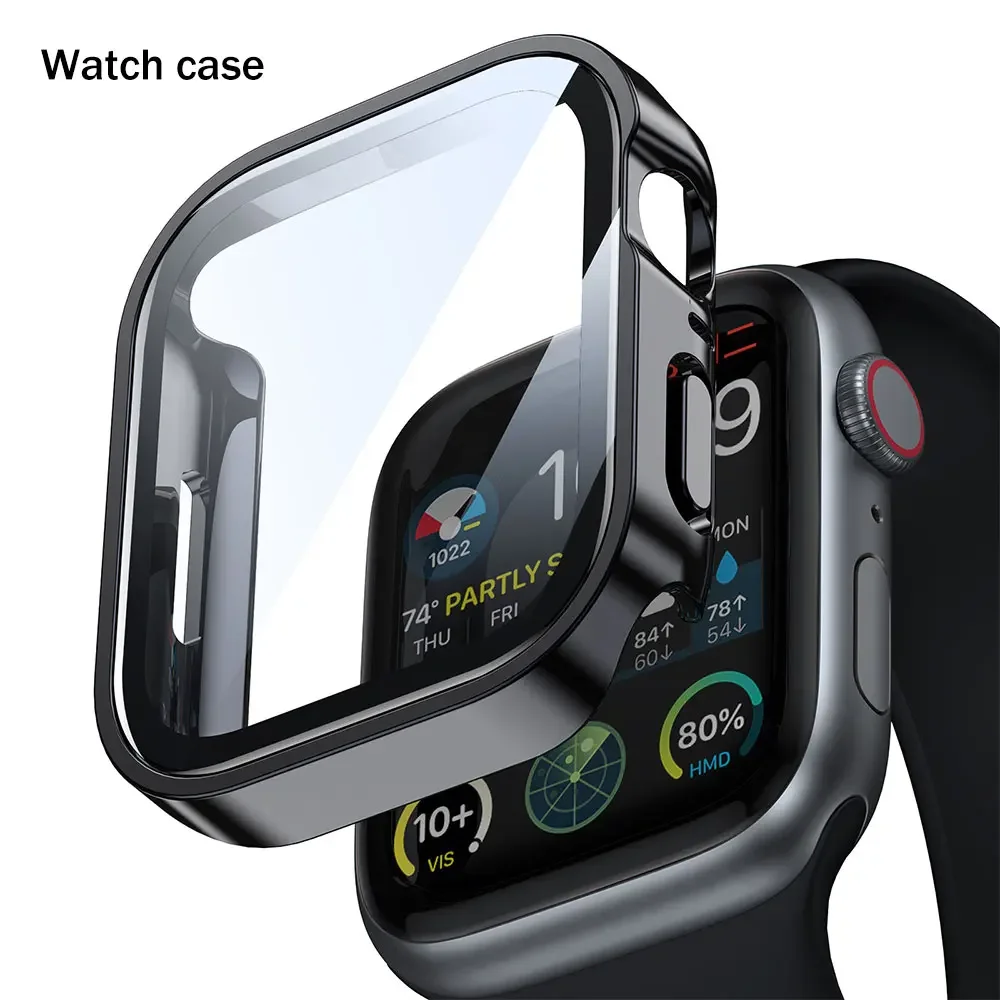 Vidrio + cubierta para Apple Watch series 8 7 6 5 4 se 44mm 45mm 41mm 40mm PC Protector de pantalla impermeable accesorios para apple watch