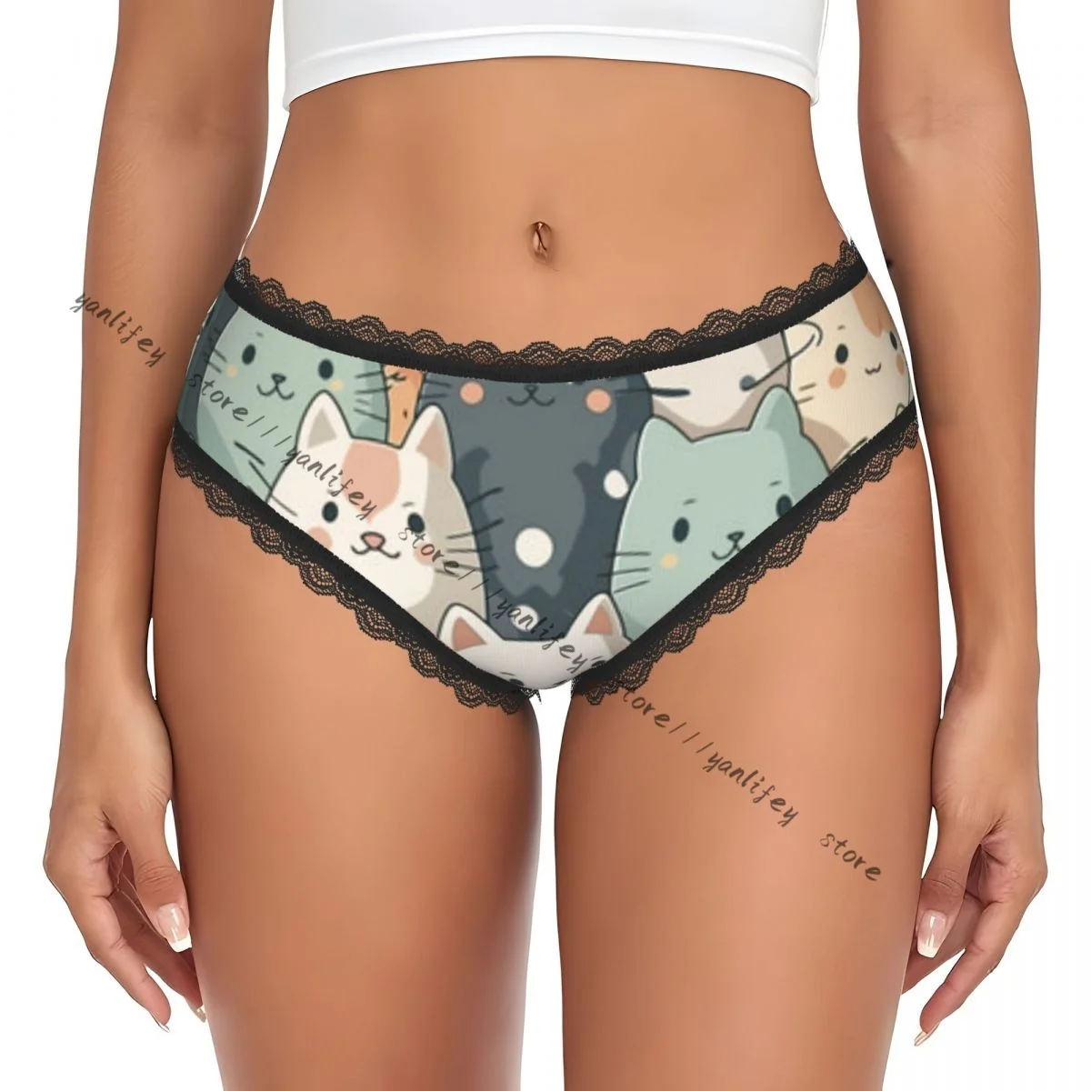 Women Lace Triangle Underwear Cats Pattern Daily Panties