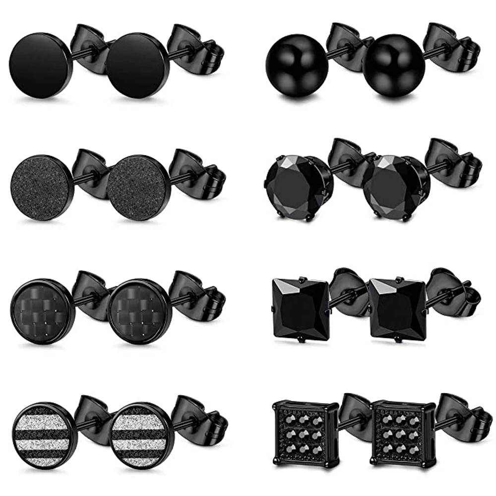 WKOUD 1 Pairs Stainless Steel Black Stud Earrings For Men Women Round Ball Cubic Zirconia Stud Earring Black Carbon Fiber Set