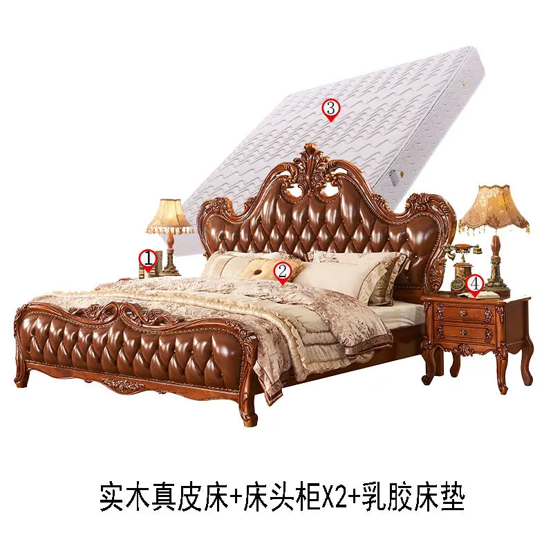 European classical solid wood carving flower leather bedroom furniture 1.8 meters double bed master bedroom luxury wedding 5
