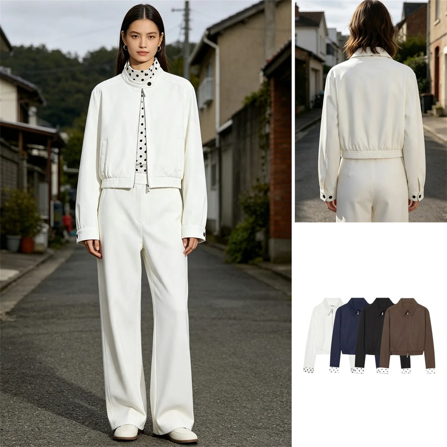 2026 Autumn New Retro Style Commute Polka Dot Slim Fit Jacket Coat Women Splice Fashionable Manner Long Sleeve Zipper Closure