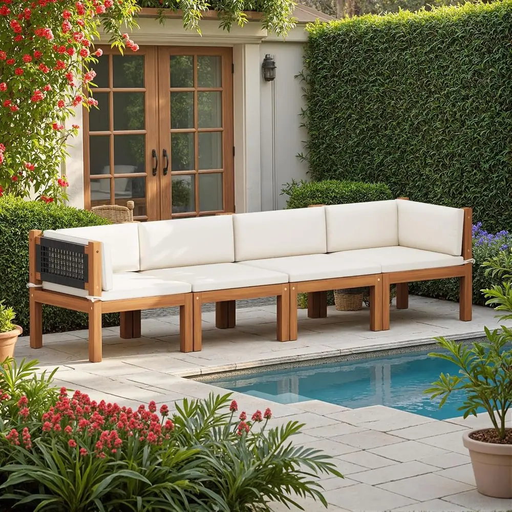 

4-Piece Outdoor Sectional Sofa Set with Coffee Table, Acacia Wood Patio Furniture for Porch, Balcony, Garden