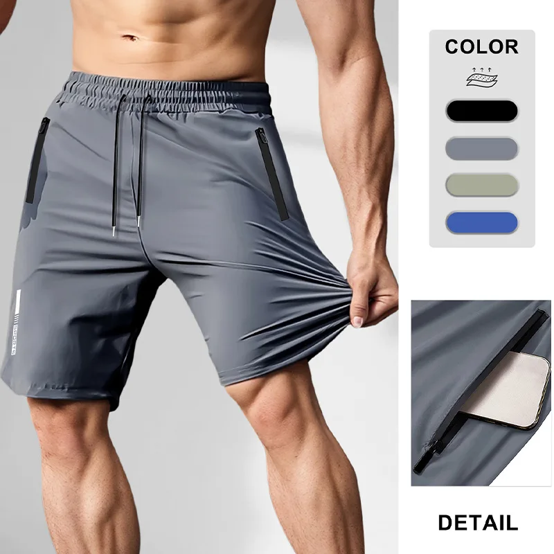 EU Size Men's Ice Silk Shorts Quick Dry Breathable High Elastic Summer Sport Casual Running Gym Fitness Short Pants