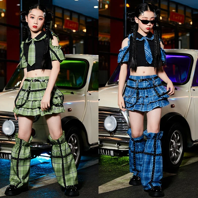 

Kids Cool Hip Hop Dance Costumes Green Blue Jazz Dance Clothing Girls Plaid Ballroom Dance Suit Kpop Outfits Stage Wear