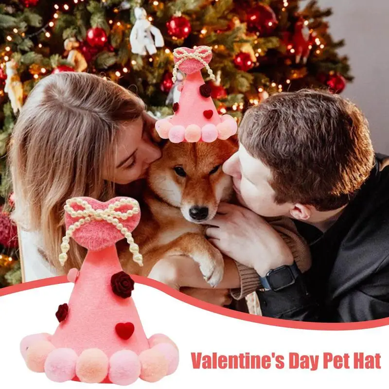 Valentine's Day Pet Love Hat Plush Balls Pet Valentines Day Hat with Heart Photo Props Pet Dress-Up Clothing Holiday Costume